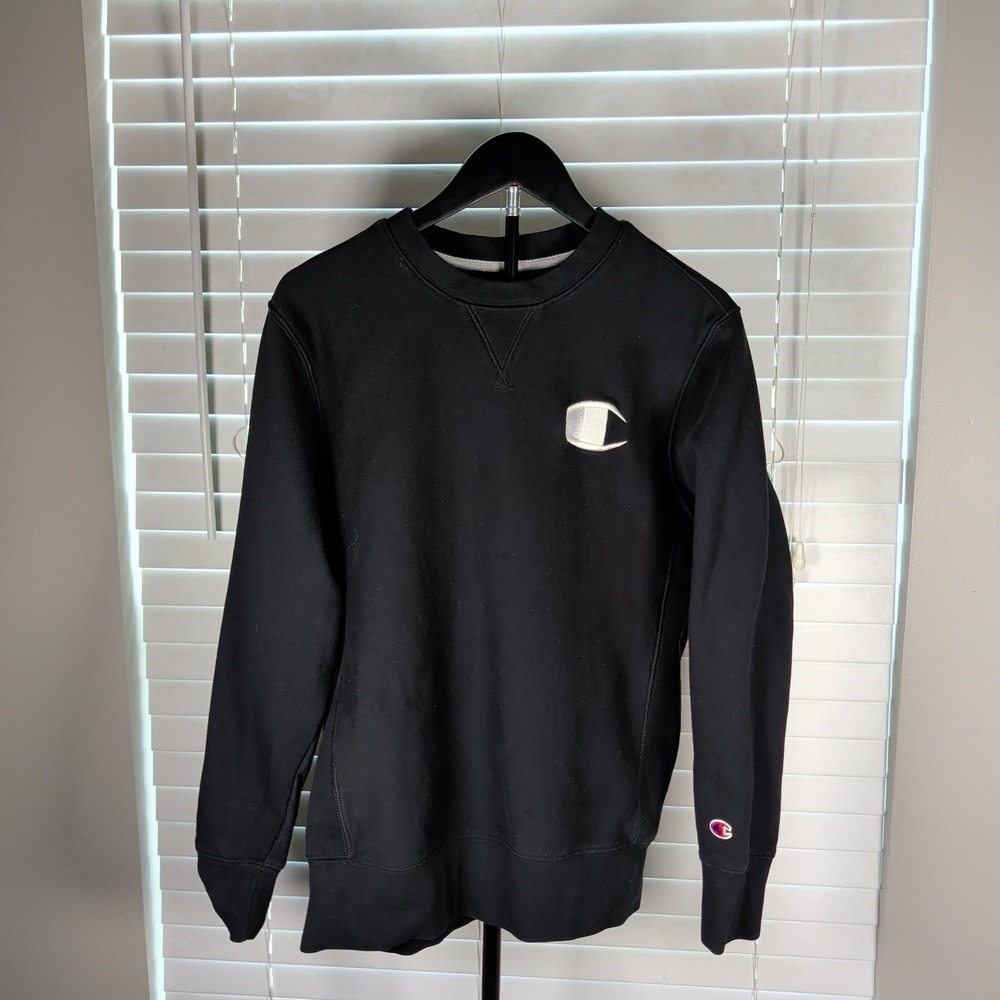 Champion Reverse Weave Sweatshirt Mens Small Black Embroidered Logo Excellent